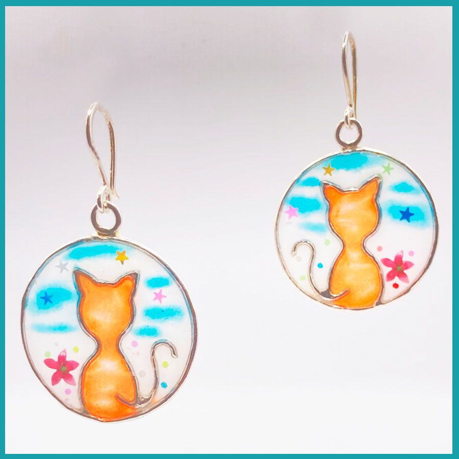 Aretes Gato en la luna, plata y resina