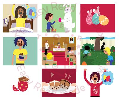 9 images from the easter pack showing eggs, easter bunny, hot cross buns, people eating chocolate and people hunting eggs