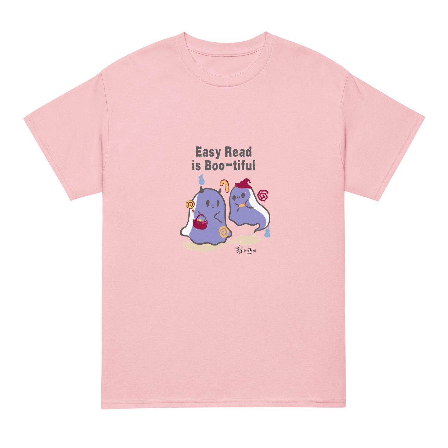 Pink t-shirt with an image of 2 ghosts, 1 is holding a basket, the other is wearing a party hat " Easy Read is Boo-tiful"