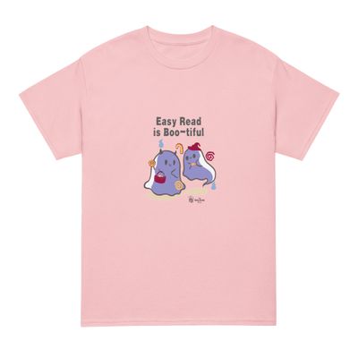 Easy Read is Boo-tiful Tee Pink t-shirt with an image of 2 ghosts, 1 is holding a basket, the other is wearing a party hat " Easy Read is Boo-tiful"