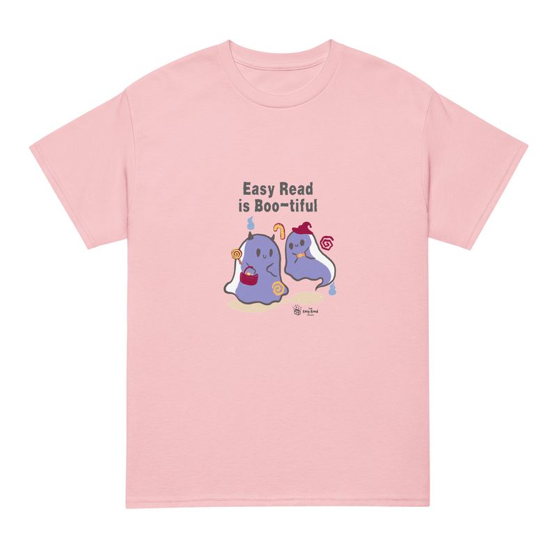 Pink t-shirt with an image of 2 ghosts, 1 is holding a basket, the other is wearing a party hat " Easy Read is Boo-tiful"