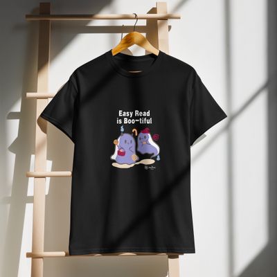 Easy Read is Boo-tiful Tee Black t-shirt with an image of 2 ghosts, 1 is holding a basket, the other is wearing a party hat " Easy Read is Boo-tiful"