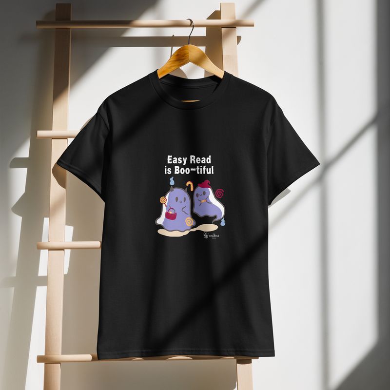 Black t-shirt with an image of 2 ghosts, 1 is holding a basket, the other is wearing a party hat " Easy Read is Boo-tiful"