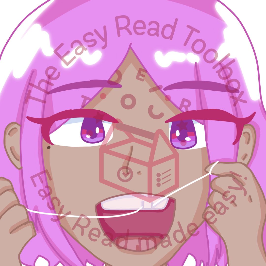 close up of a person with pink hair flossing their teeth.