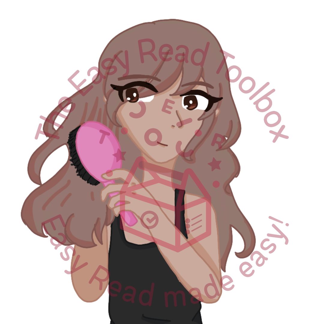 Illustration of someone brushing their dark brown hair with a pink brush.