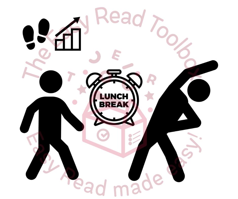 Physical activity on your lunch break Illustration of one individual walking on the left-hand side. a clock in the middle and an individual stretching