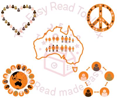 5 illustrations that are available: a peace sign, a love heart, global and community connections in harmony orange. 