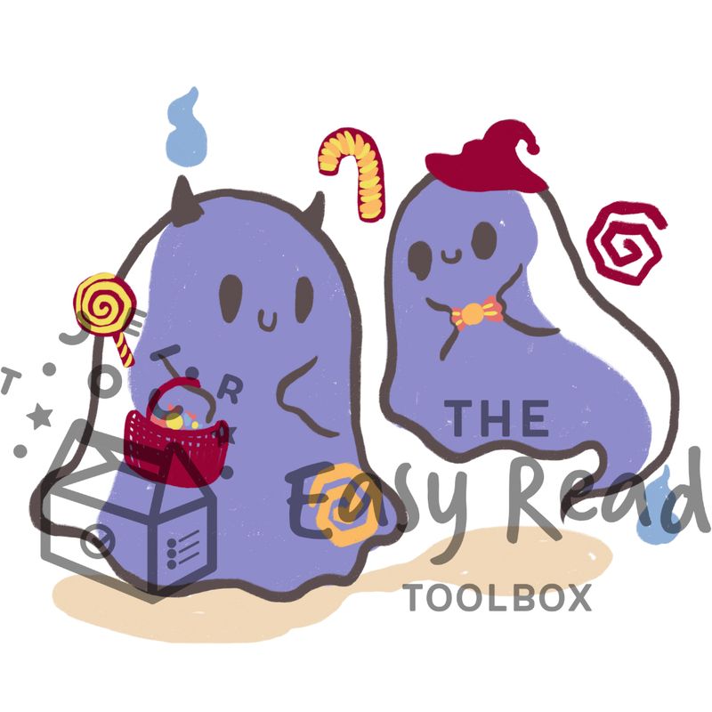 2 Halloween ghosts. holding a bag of candy the other holding a candy