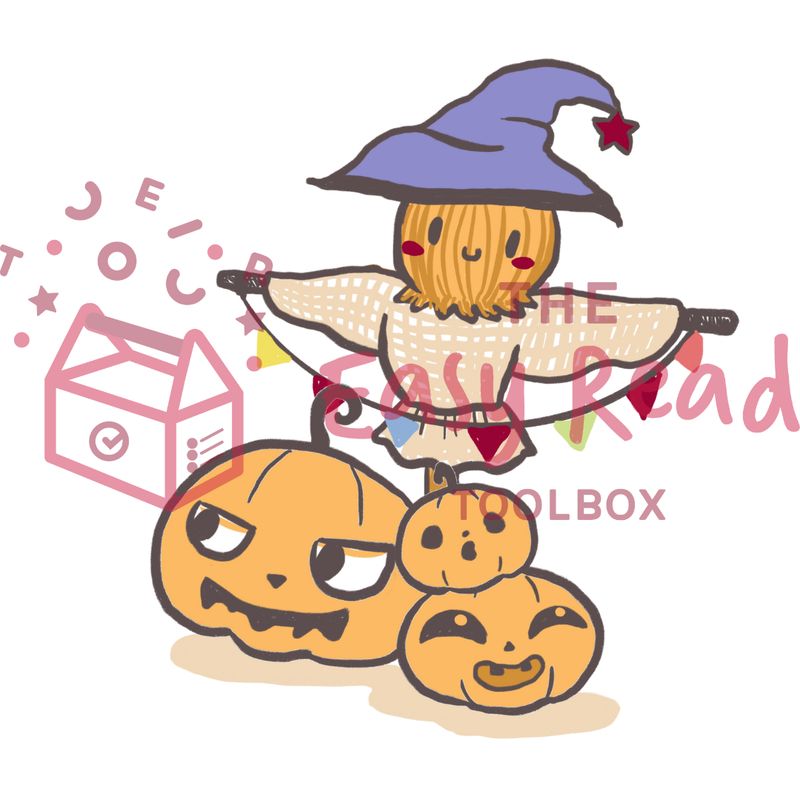 Illustration of a scarecrow protecting 3 pumpkins that have different carved faces.  
