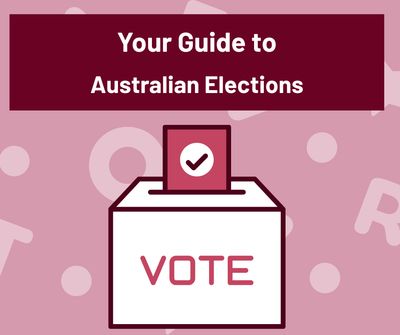 A white box that is used to put your voting slips in. Text: your guide to Australian Elections