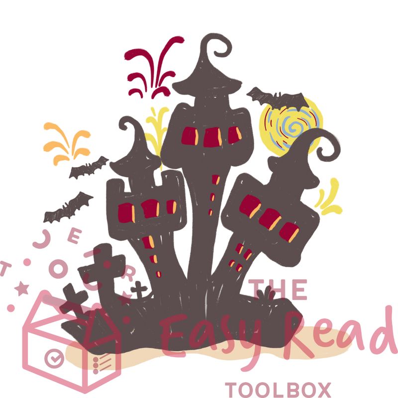 Illustration of a Halloween castle in a graveyard.