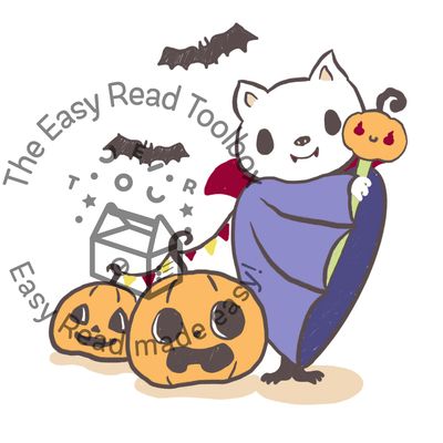 Illustration of a Halloween cat wearing a cape and fangs on a boom stick, with 2 pumpkins on the ground.