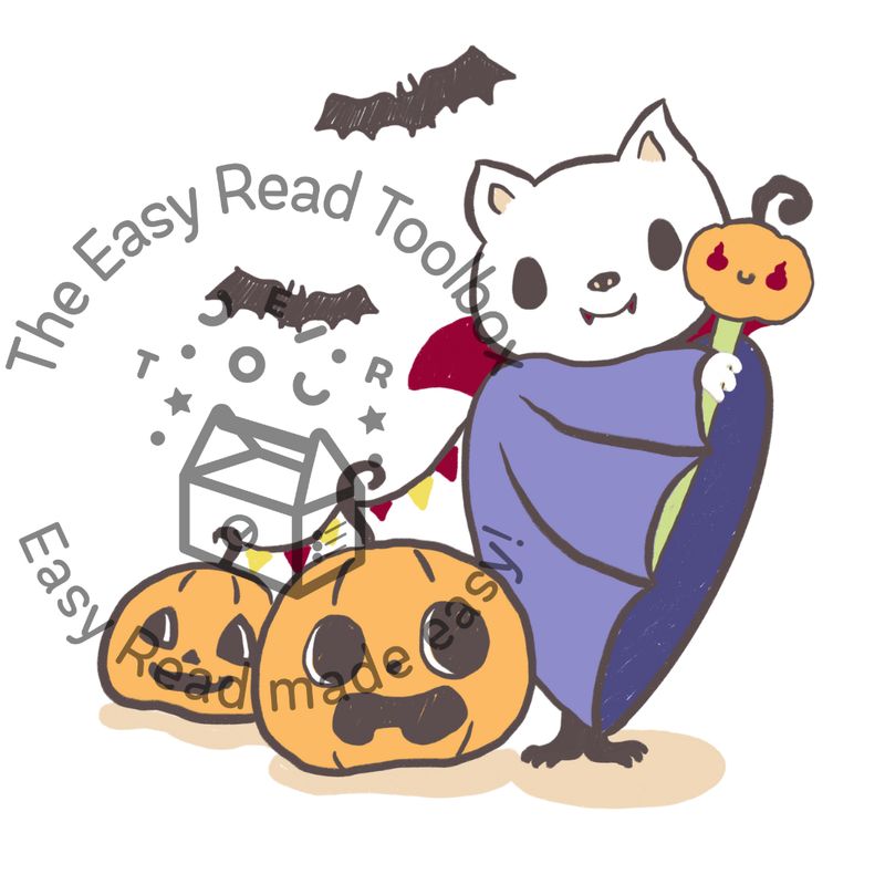 Illustration of a Halloween cat wearing a cape and fangs on a boom stick, with 2 pumpkins on the ground.