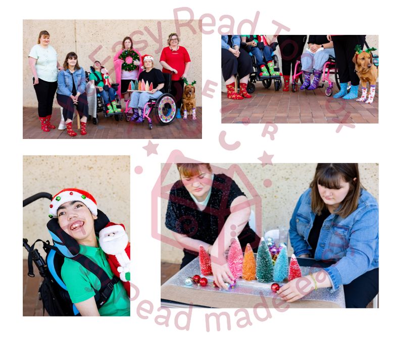 images of people with disabilities wearing Christmas attire and handling Christmas decorations