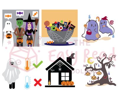 Halloween Pack - Illustrations 6 images in our Halloween pack. from trick-or-treaters dressed up, Halloween houses and trees, and candy-eating ghosts.
