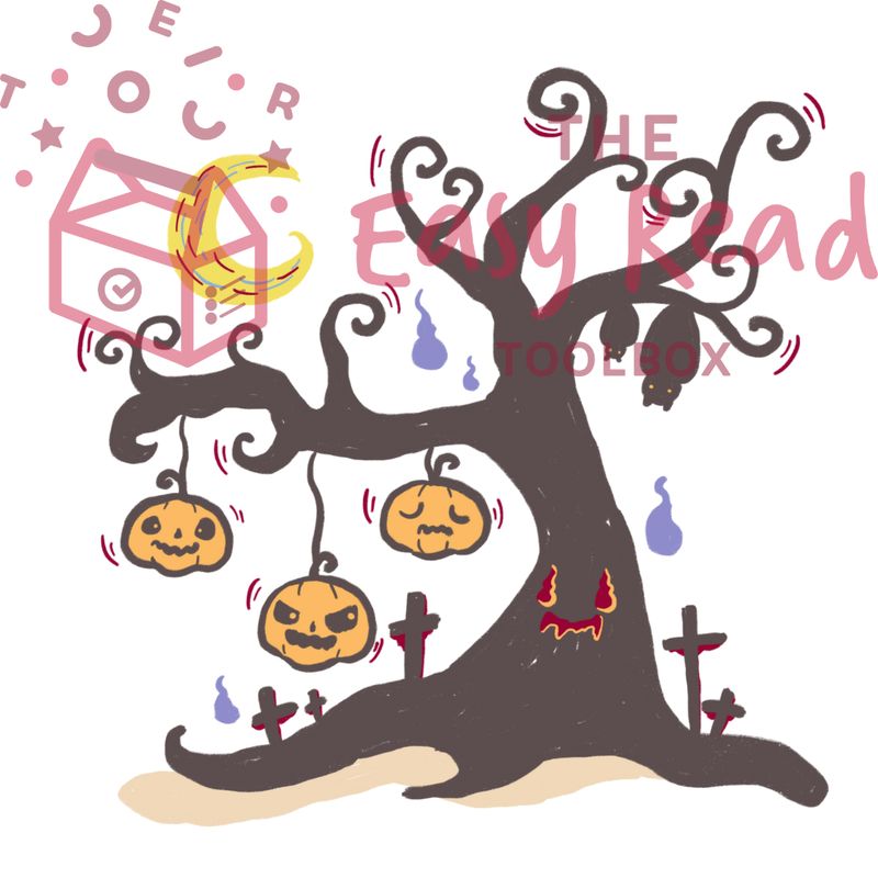 A dead tree with 3 pumpkins hanging off its branches. The tree has a carved face in the trunk and is in a graveyard.