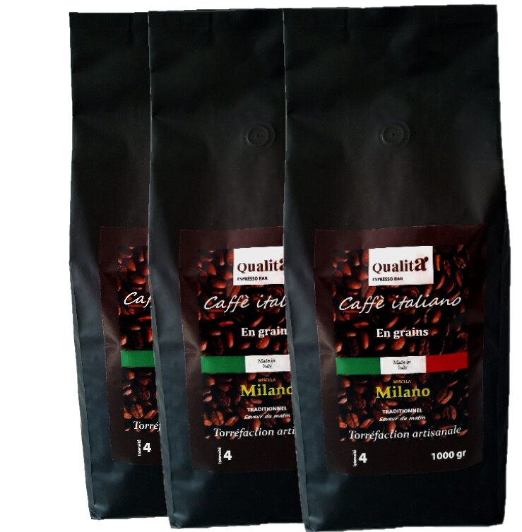 9 KG de CAFE EN GRAINS MILANO. Mélange italien. 50 % arabica, 50 % robusta. 11.30 € / kg
