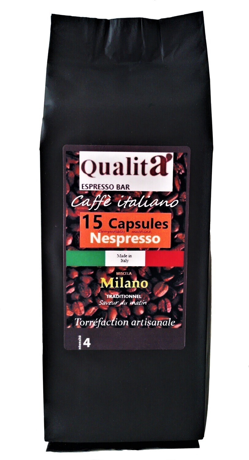 15 CAPSULES DE CAFE. Mélange italien. 50% arabica, 50 % robusta. Gamme MILANO.