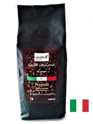 Café grains NAPOLI 100 % Robusta. Sachet de 1kg. Intensité 8 (forte)