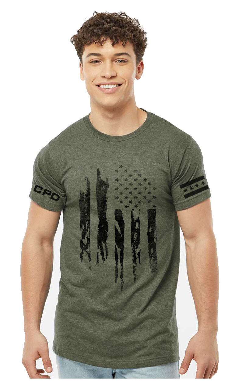 DISTRESSED FLAG TEE WITH CITY FLAG AND CPD ON SLEEVES