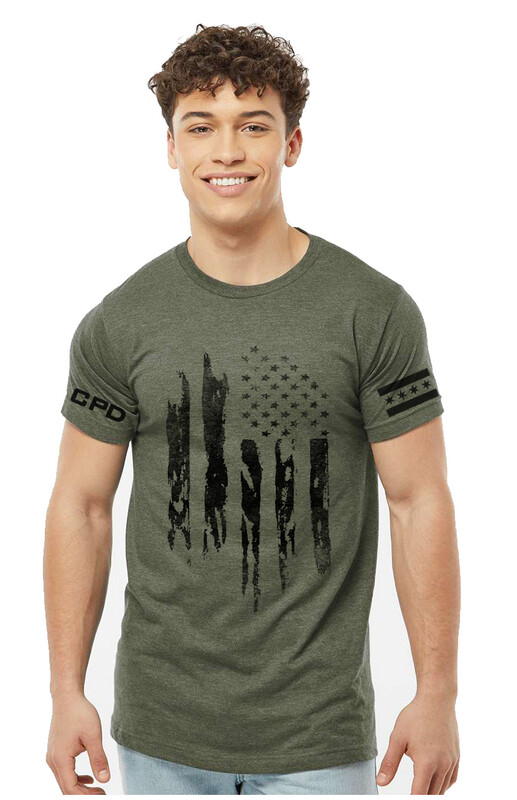 DISTRESSED FLAG TEE WITH CITY FLAG AND CPD ON SLEEVES
