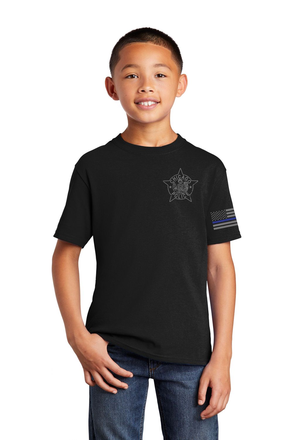 Youth CPD Star and Blue Line Flag on Sleeve Tee