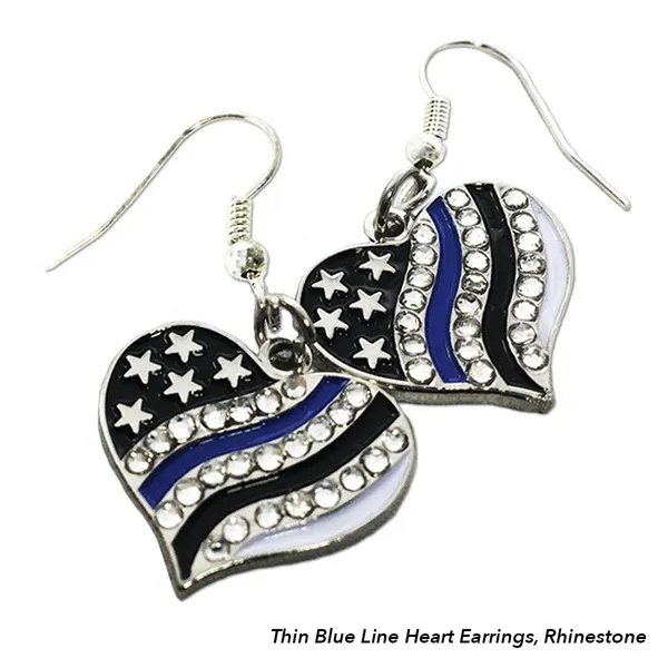THIN BLUE LINE RHINESTONE HEART EARRINGS