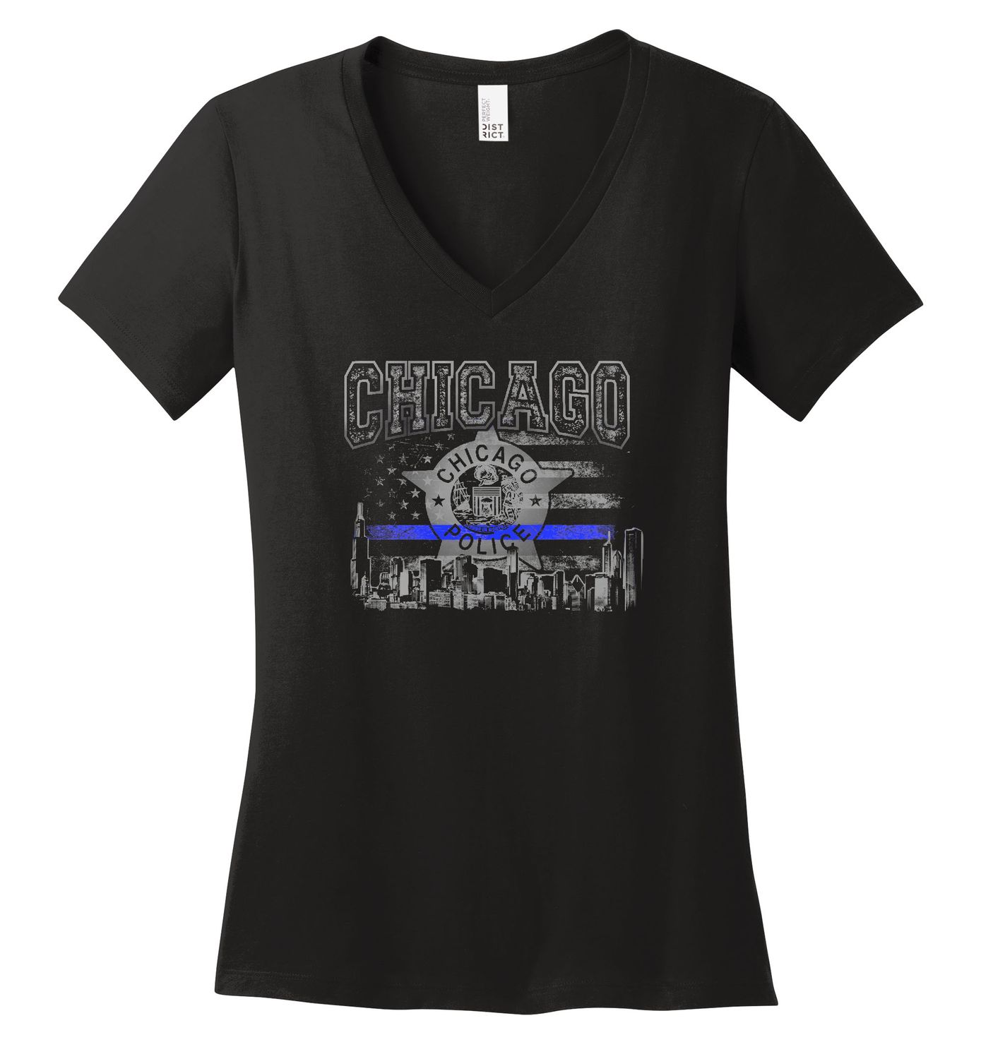 BLACK V NECK WOMENS SKYLINE BLUE LINE TEE