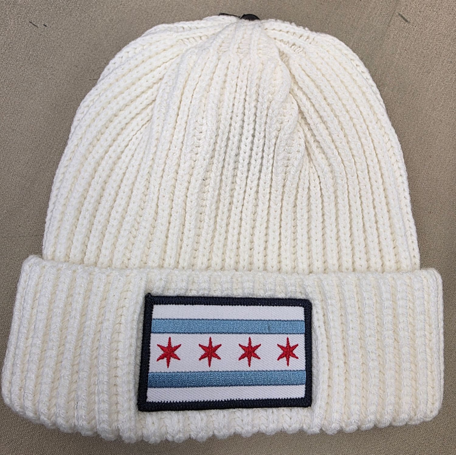 White Bulky Knit with Chicago Flag Patch