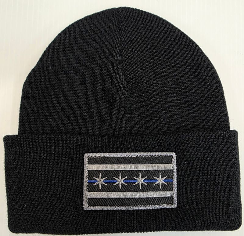 Black Cuffed Knit with Grey Blue line Chicago Flag Patch
