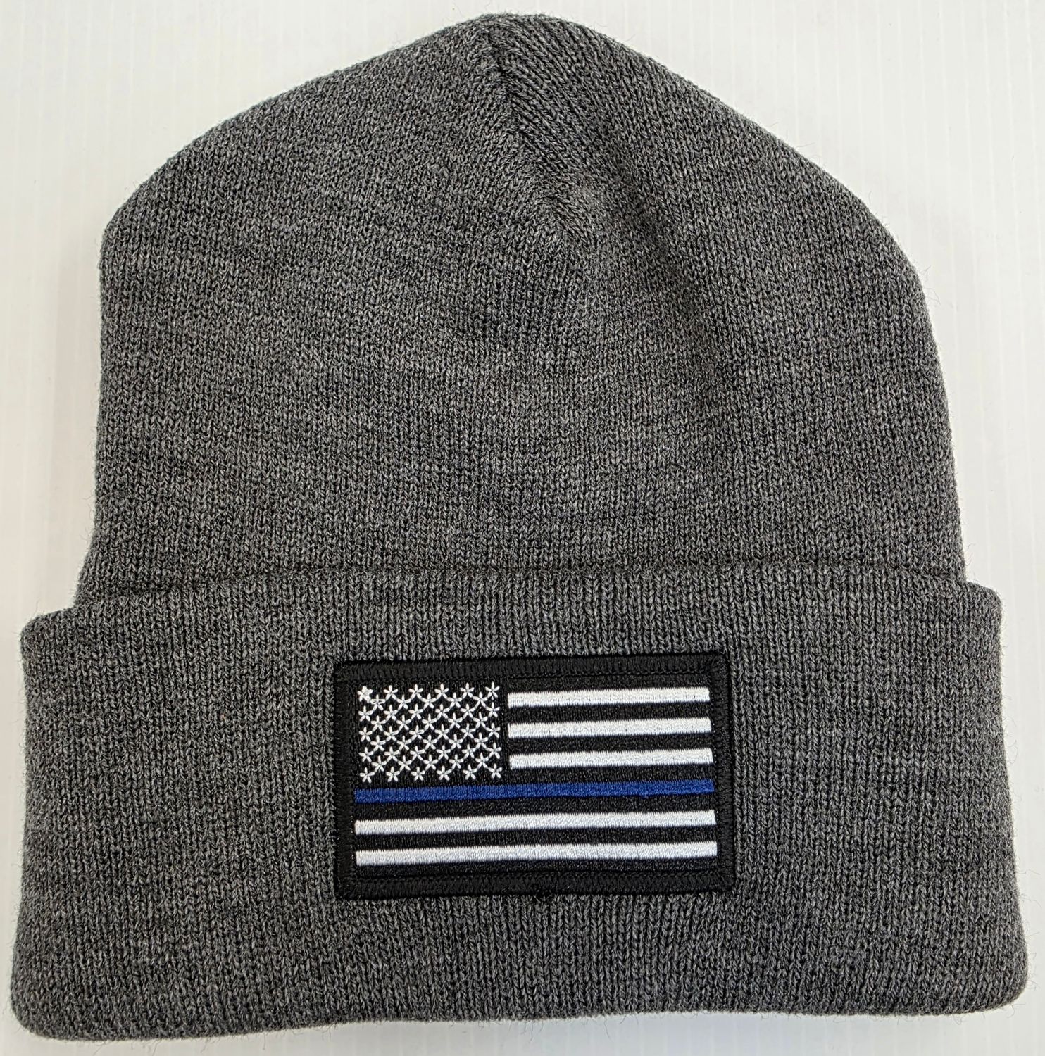 Grey Cuffed Knit with American Blue line Flag Patch