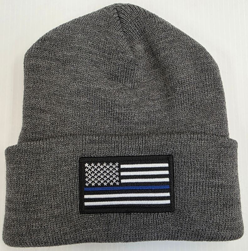 Grey Cuffed Knit with American Blue line Flag Patch