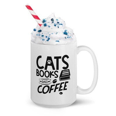 Cats Books and Coffee White glossy mug