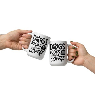 Dogs Books and Coffee White glossy mug