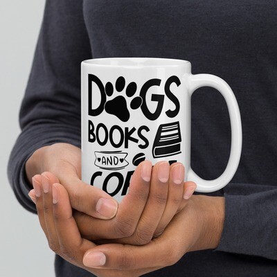 Dogs Books Coffee White glossy mug
