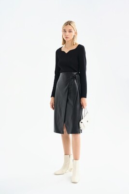 BQ023S Vegan Leather Midi Skirt with Side Bow