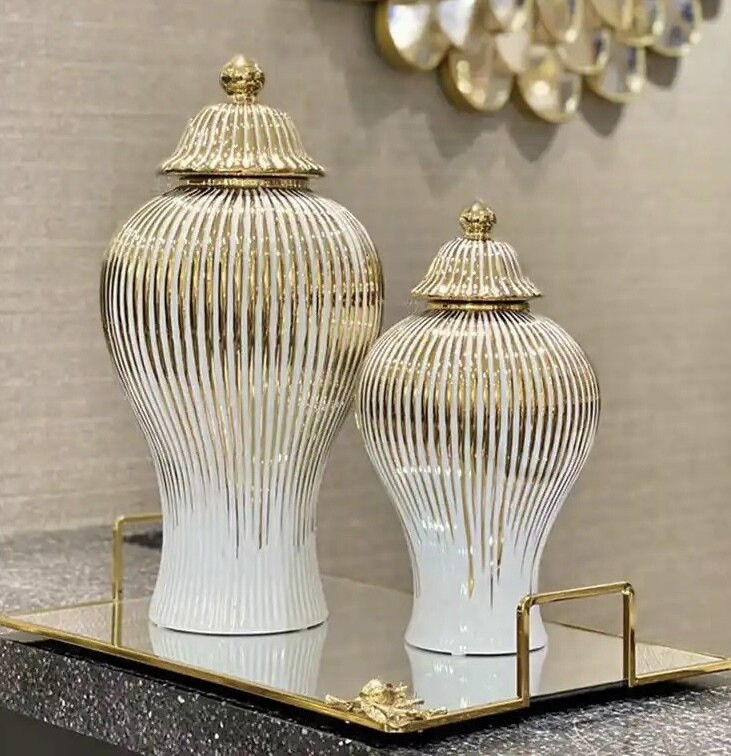 Gold striped storage jar/flower vase