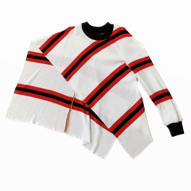 ASYMMETRIC ONE SLEEVE STRIPE SCARF JUMPER WHITE/RED