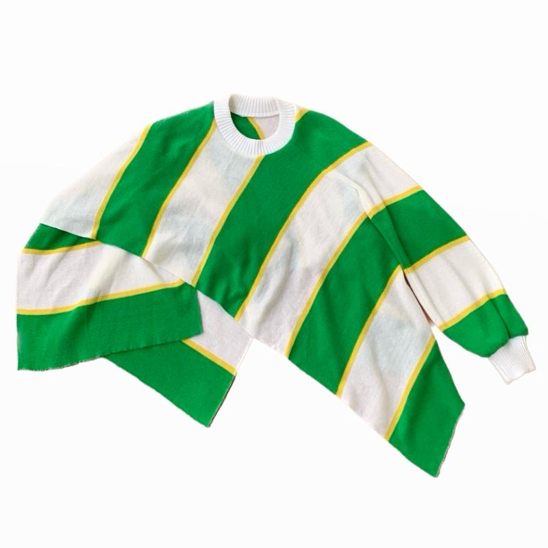 ASYMMETRIC ONE SLEEVE STRIPE SCARF JUMPER GREEN/WHITE