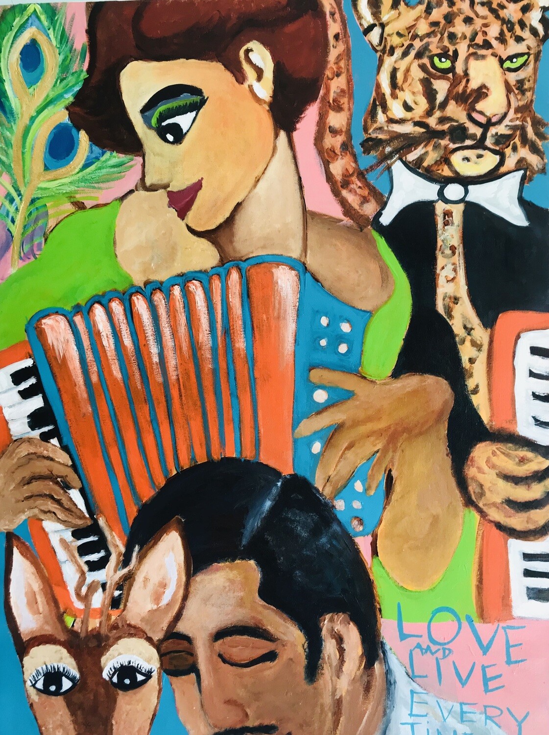 Akkordeon Spielerin mit Leopard 93x 66cm