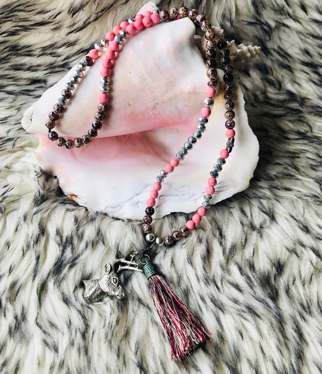 Boho Style Longkette mit Hirsch Rosa