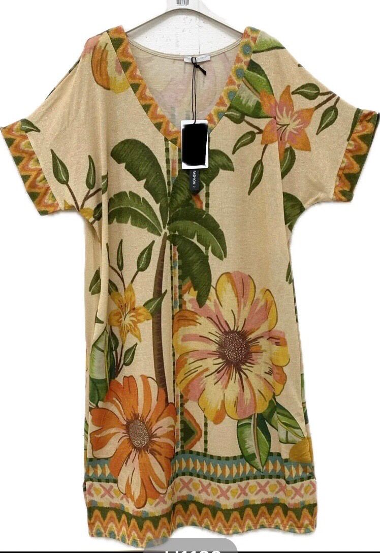 Sommer Kleid mit Palmenblättern Beige
