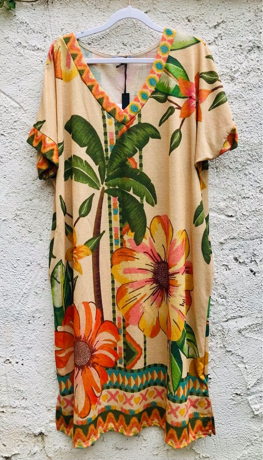 Damen Kleid mit Palme /Beige