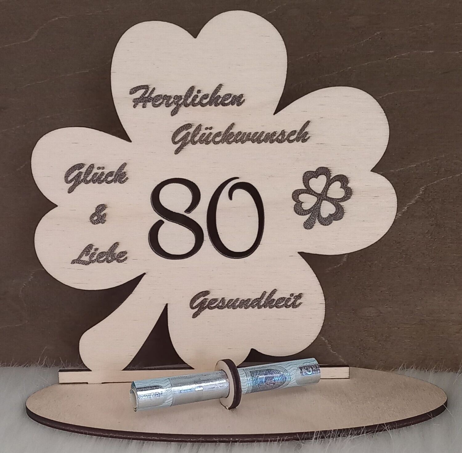 Kleeblatt aus Holz, 80. Geburtstag