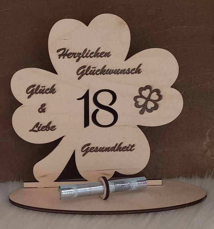 Kleeblatt aus Holz, 18. Geburtstag