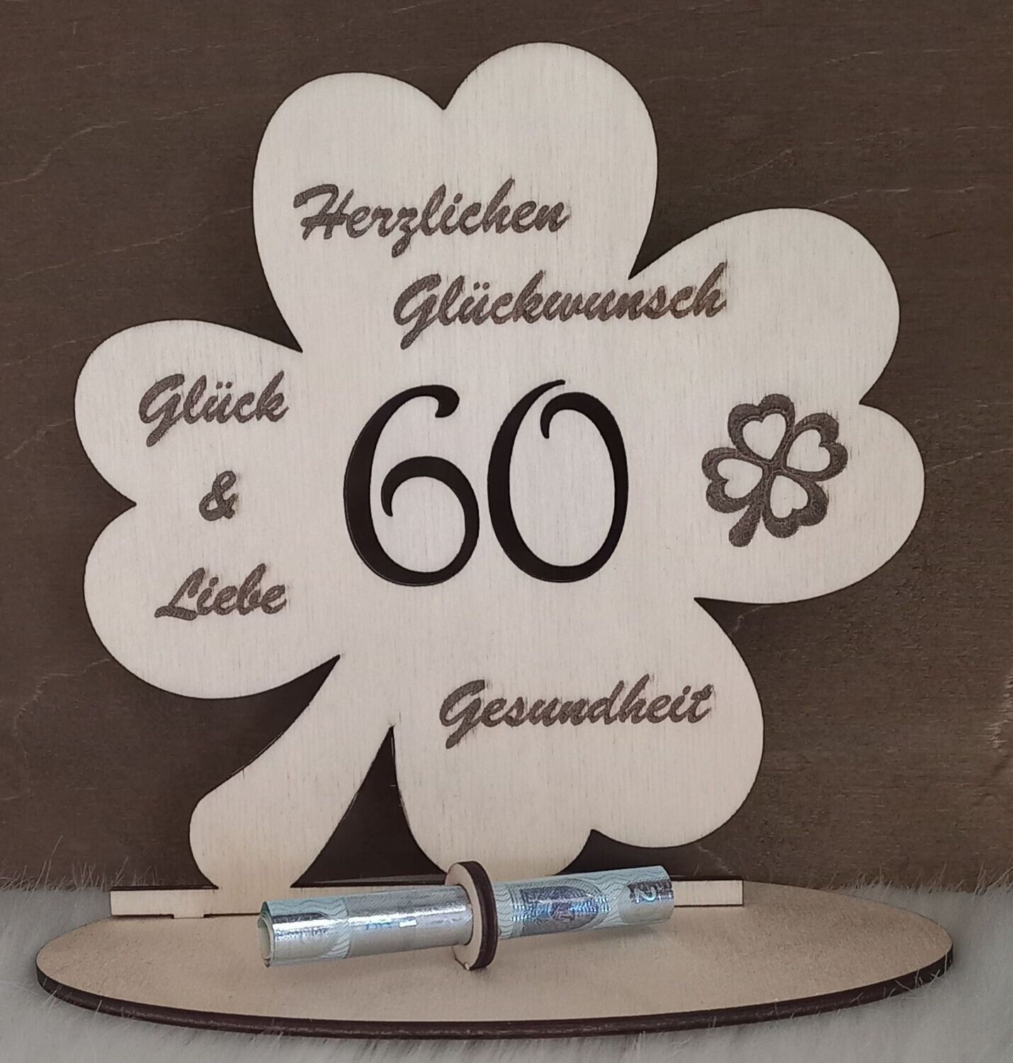 Kleeblatt aus Holz, 60. Geburtstag