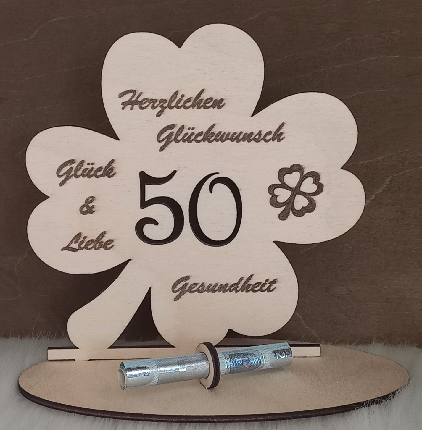 Kleeblatt aus Holz, 50. Geburtstag