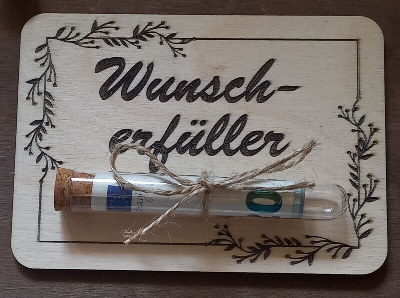 Geldgeschenk, WUNSCHERFÜLLER aus Holz, mit Reagenzglas