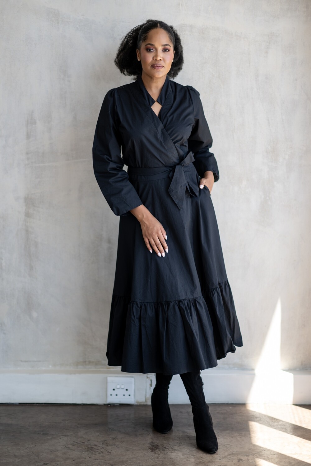 Mastik Black Elegant Midi Cross Over Wrap  Belted Dress