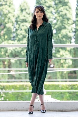 Mastik Emerald Green Collared Dress with Buttons Crushed Shirt Dress